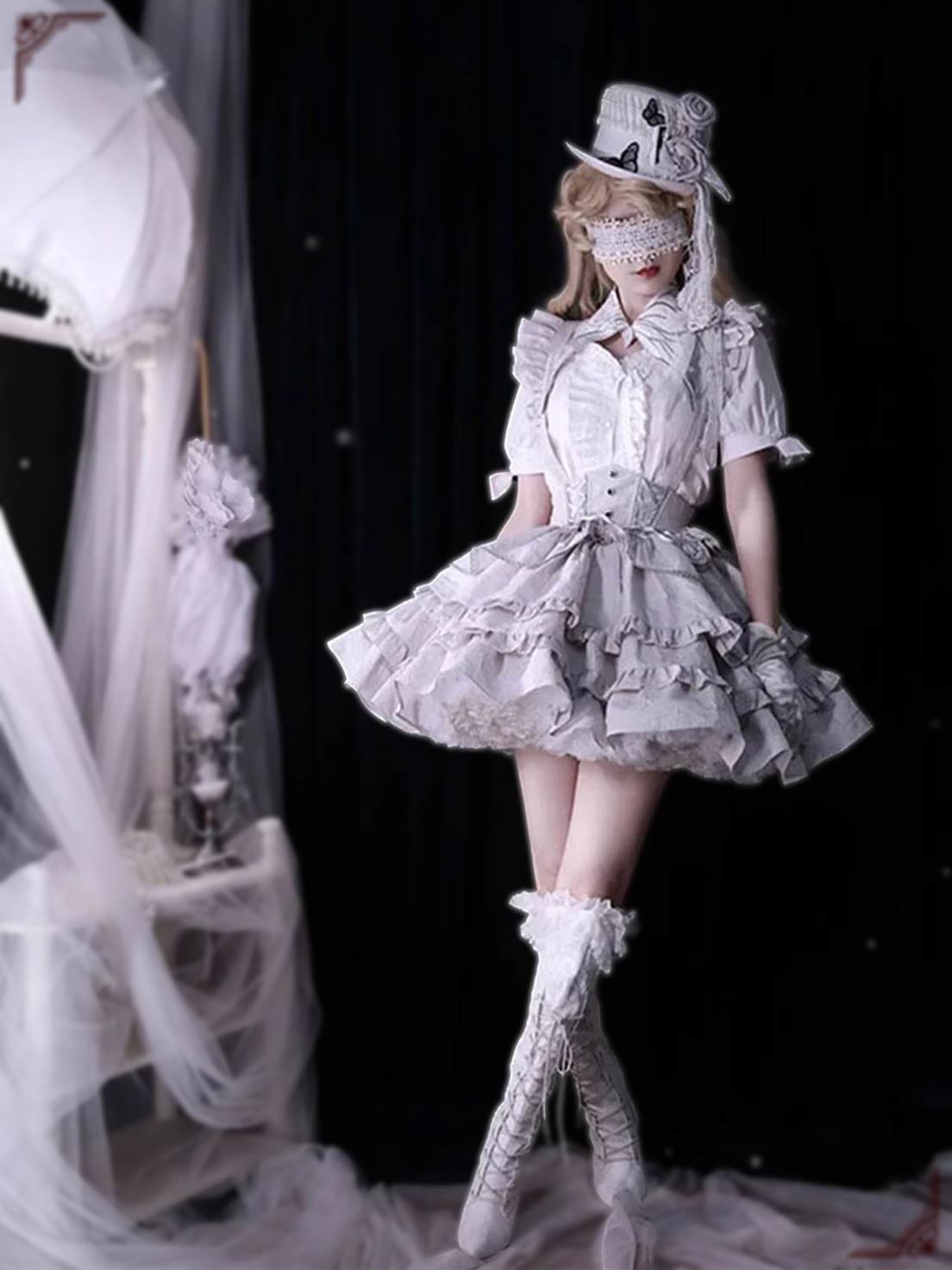 Goth Lolita Cos Silver Flower Shirt Skirt Set Fishbone Fluffy Princess Dress