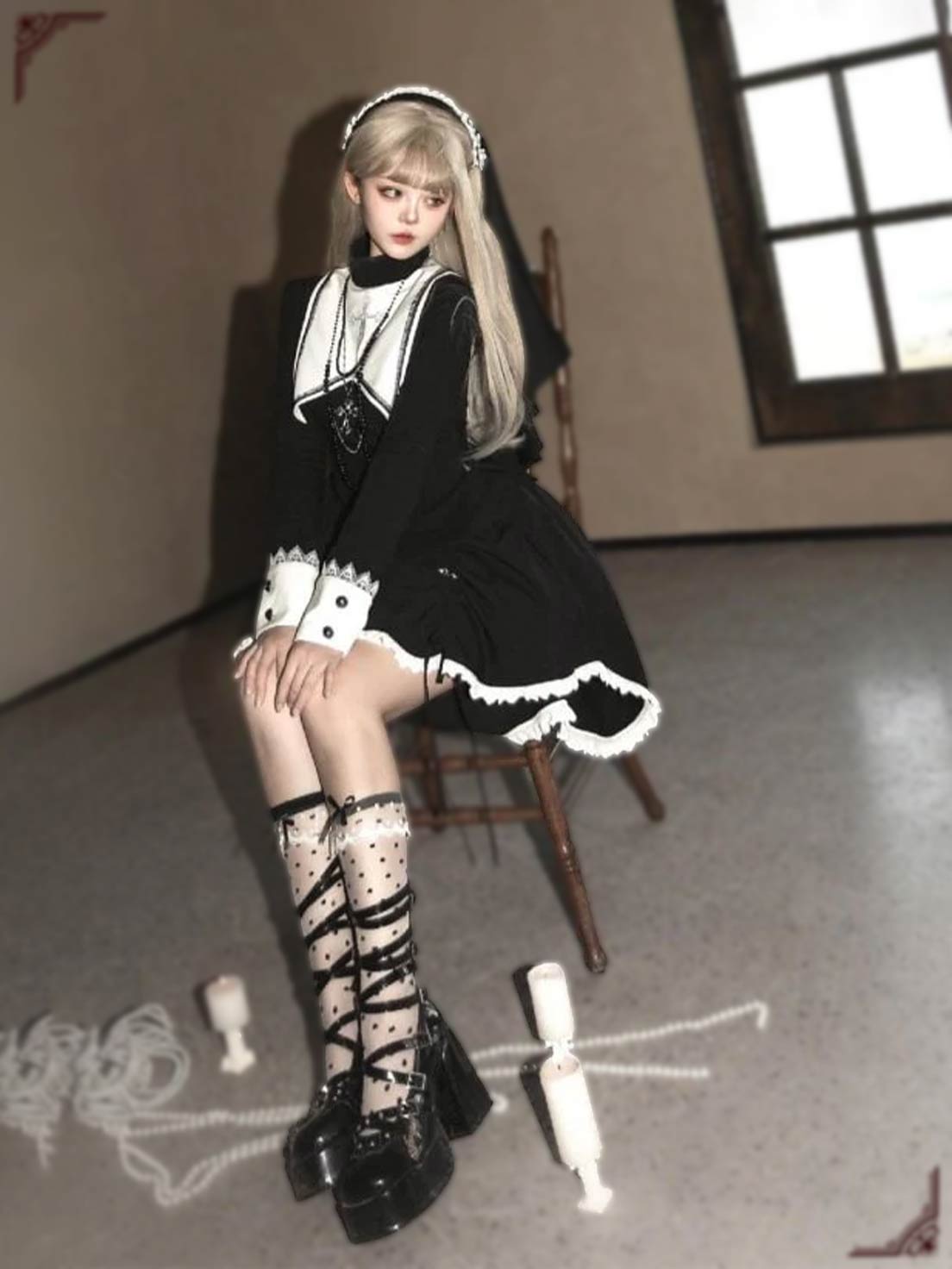 Goth Lolita Dark Black Printed Cross Tail Two-piece Set Dress for Halloween