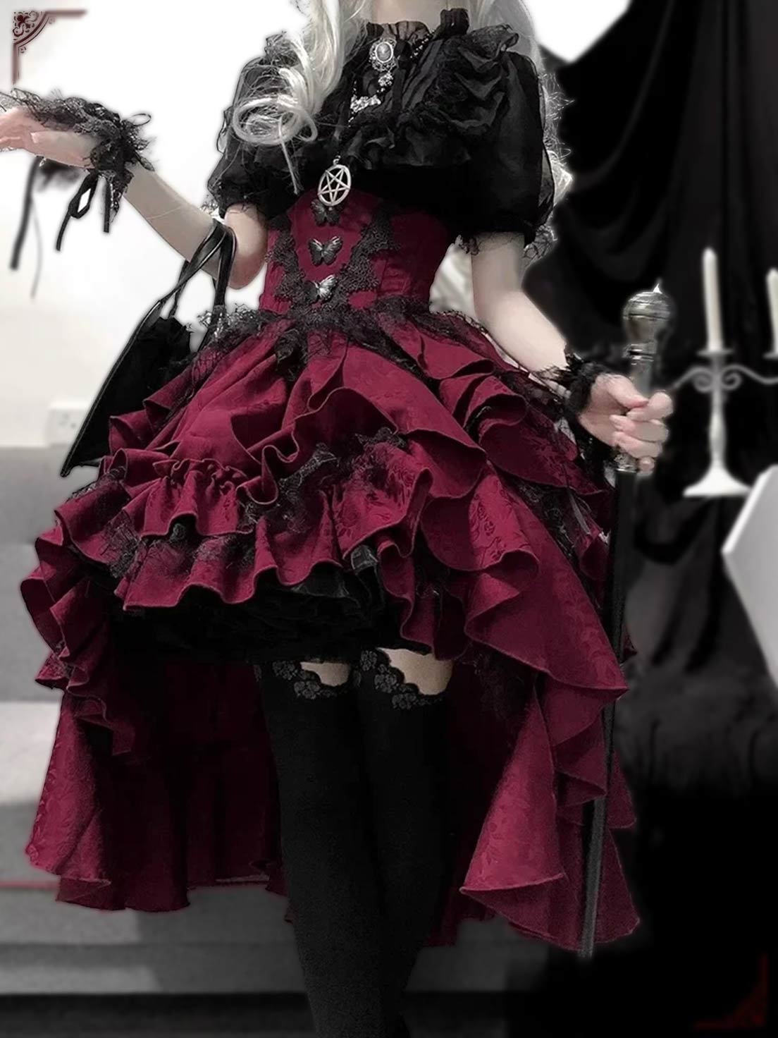 Goth Lolita Prom Dress Outfit Black Red Ruffles Skirt Lace for Halloween Valentine's Day