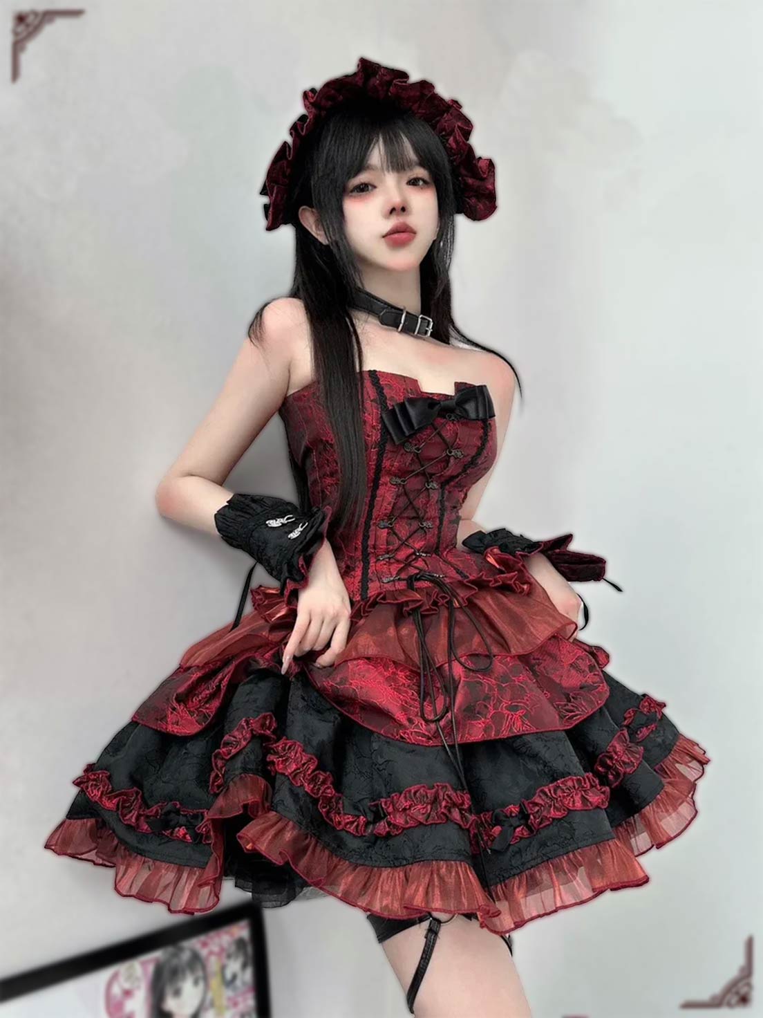 Goth Lolita Red Ballet Dress Jacquard Fishbone Bra Multi-layer Lace Ruffle Strap Skirt