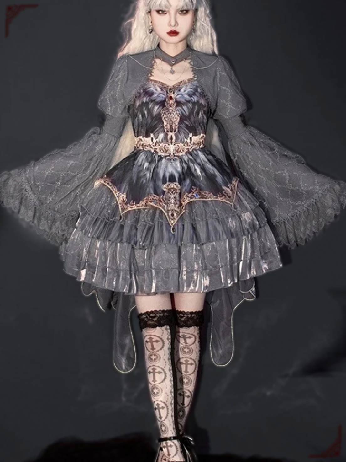 Goth Lolita Suspender Swan Dance Grey Feather Outfits Multilayer Cake Dress