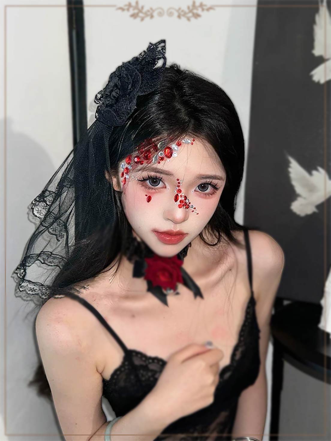 Gothic Bride Veil Hair Clip Black White Lace Dark Flower Rose Halloween Cosplay Accessory