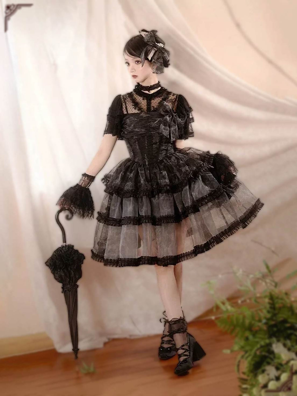Gothic Lolita Ball Gown Black Prom Dress Pattern Organza Strap JSK