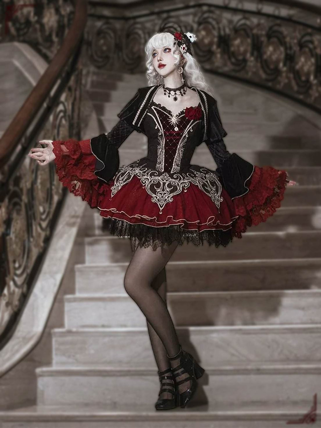 Gothic Lolita JSK and Bolero Set Black and Red Velvet Mini Dress
