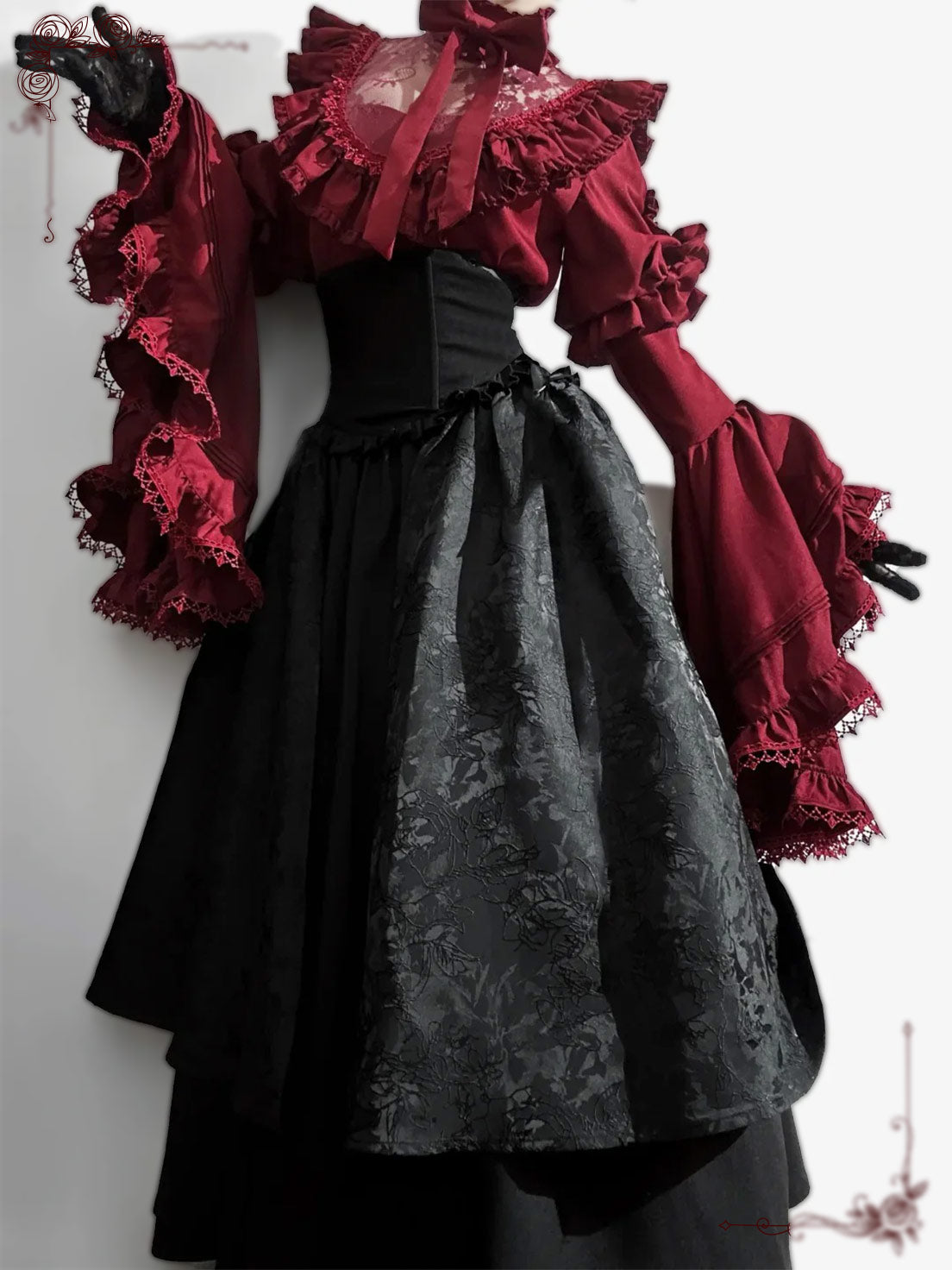Gothic Lolita Christmas Clothing Black and Red Goth Long Dress Shirt Sleeve Skirt OP
