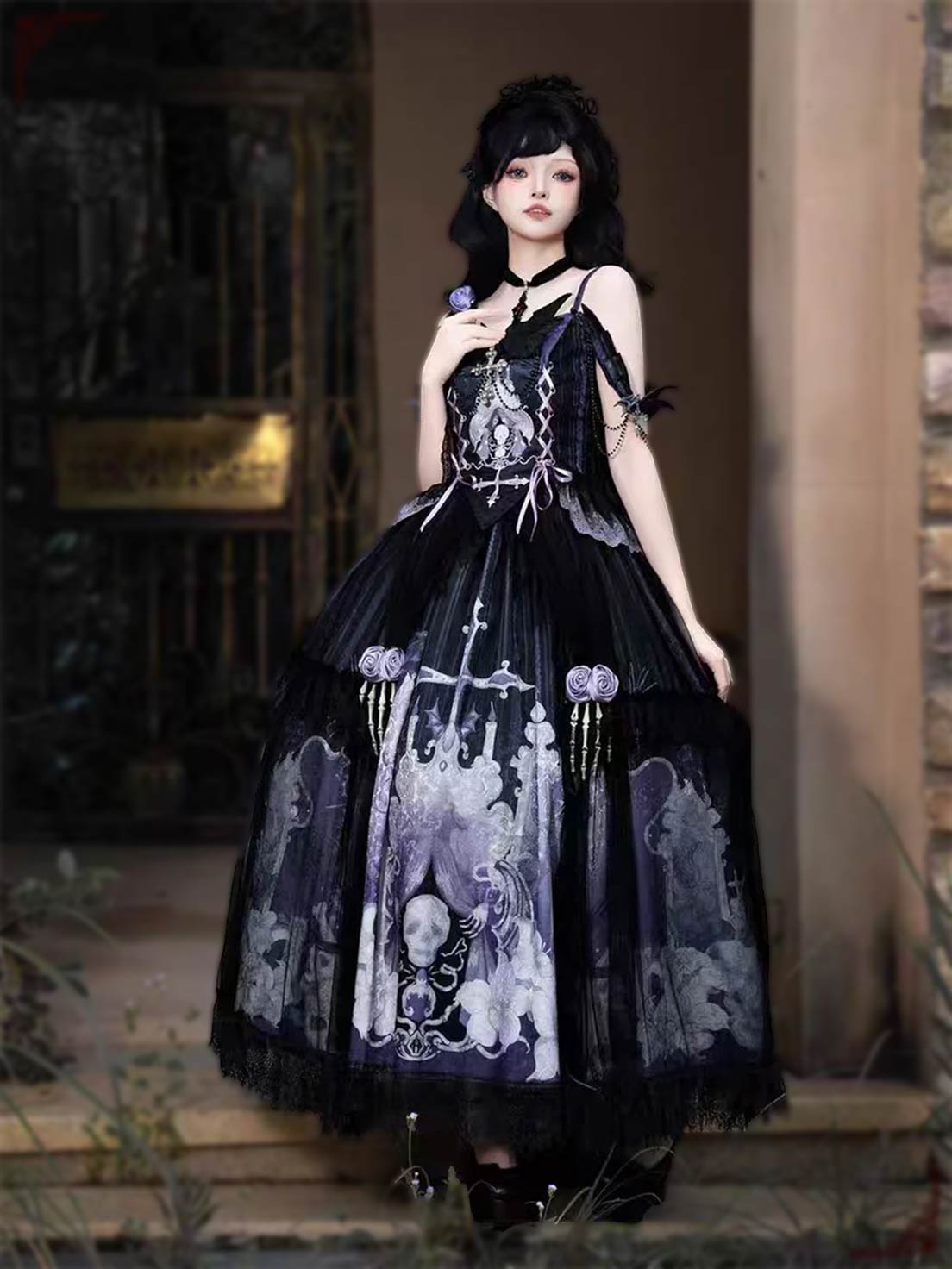 Gothic Lolita Dark Skeleton Ghost Dress Elegant Top and Skirt Set
