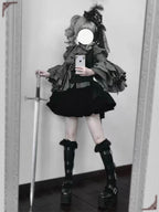 Gothic Lolita Dress Black Set Stripe Ruffled Top with Short Skirt