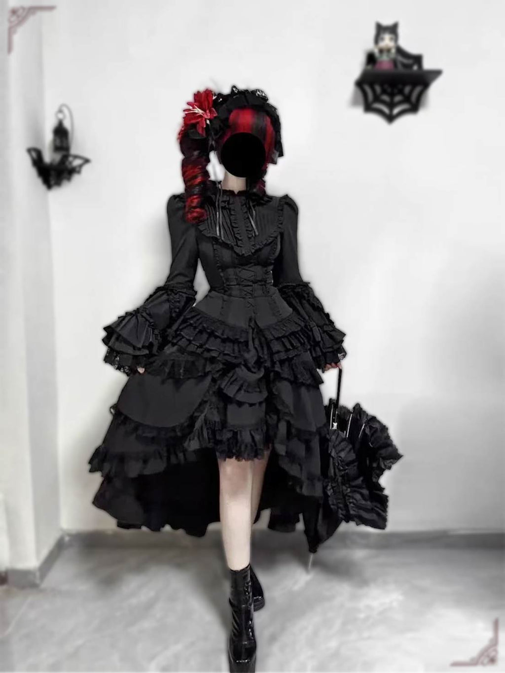 Gothic Lolita Dress Elegant Bat Sleeve Dress for Women Plus Size Dark Academia Dress for Halloween Cosplay