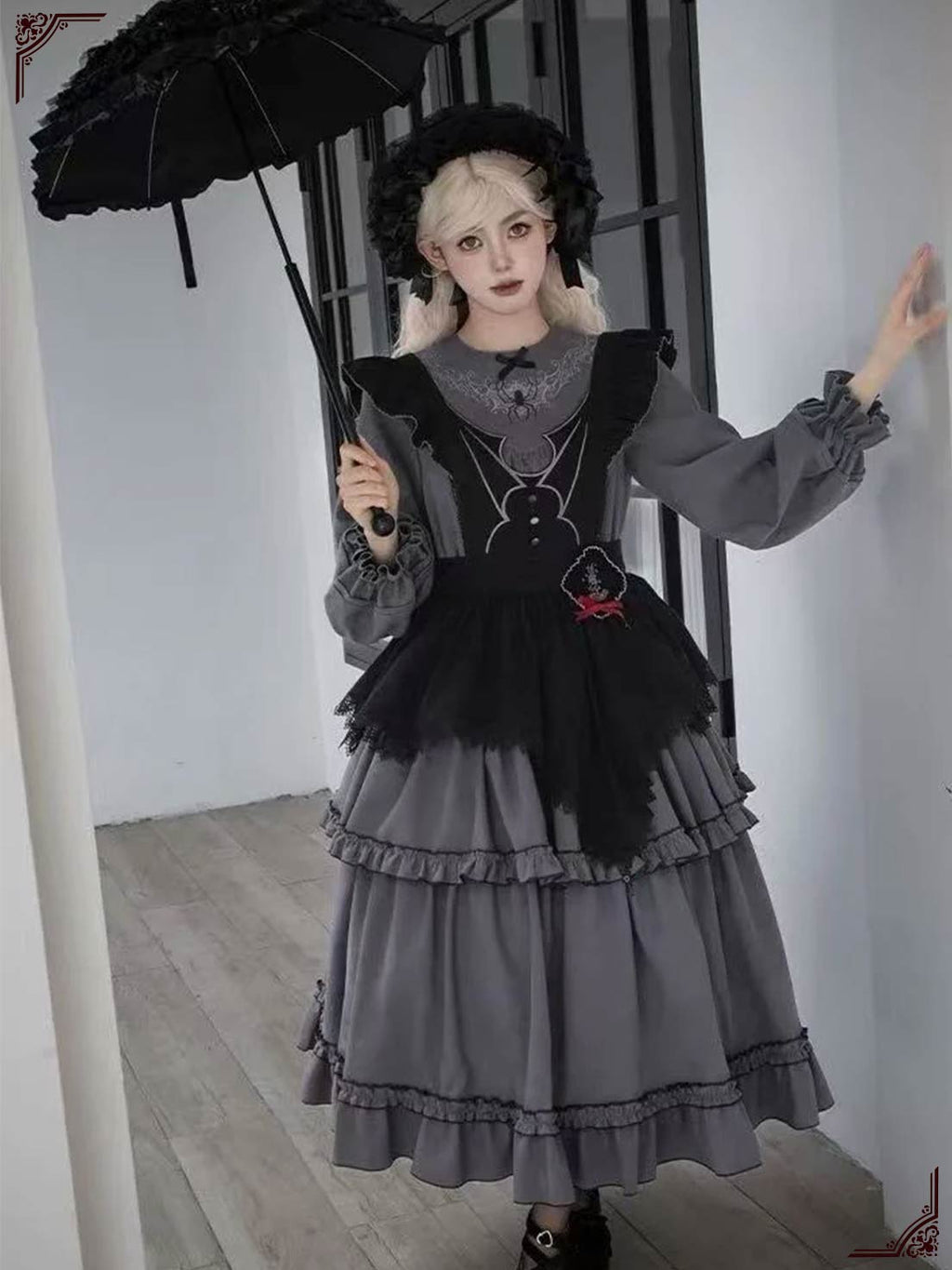 Victorian Gothic Dress – Grey & Black Palette long lolita dress