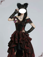 Prom Gothic Lolita Black and Red Jacquard Rose Pattern Bow Fluffy Princess Drress