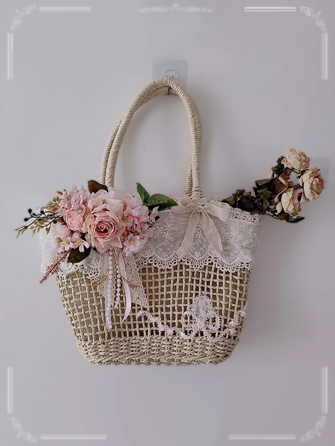 Handmade Hollow Lace Vintage Rose Flowers Straw Bag Summer Handbag Lolita Pastoral