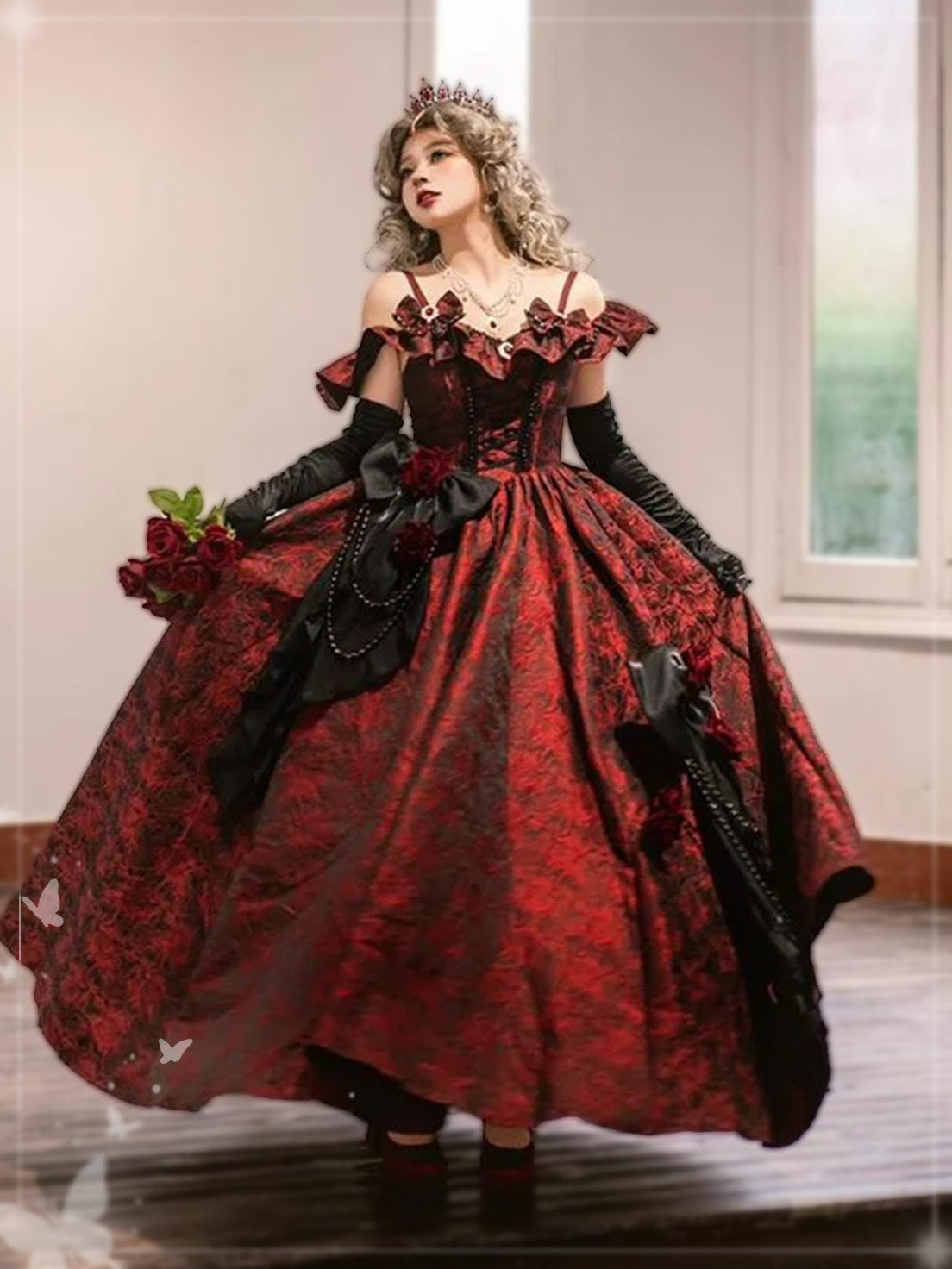 Hime Lolita Black and Red Lolita Flower Prom JSK Dress Gorgeous Birthday Adult Dress Lolita Elegant Princess One Piece Dress