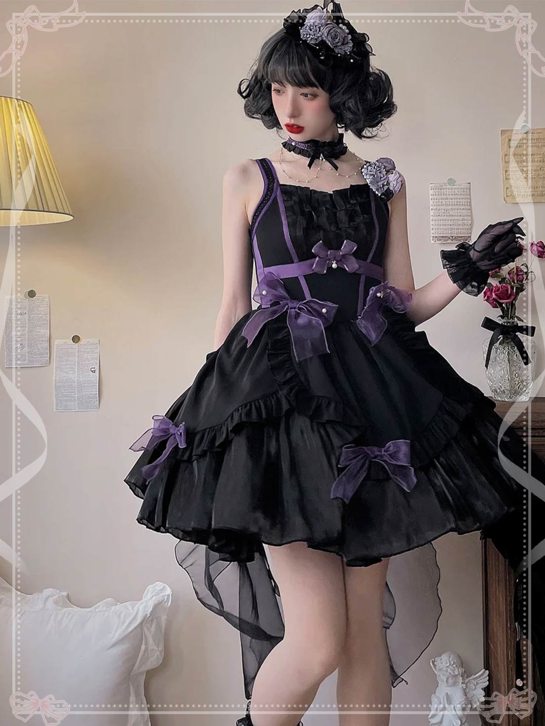 Hime Lolita Black Prom Lace Dress Elegant JSK with Bow for Party