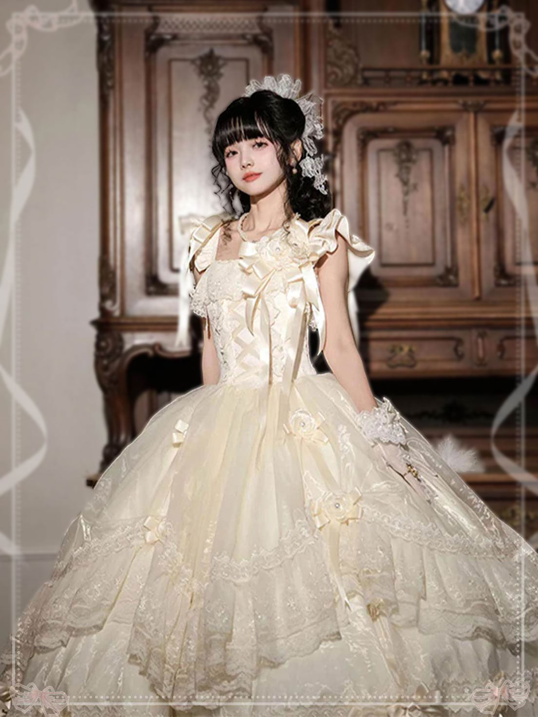 Hime Lolita Tea Party Fashion Camellia Moonlight Ivory White Wedding Ruffled Ball Gown