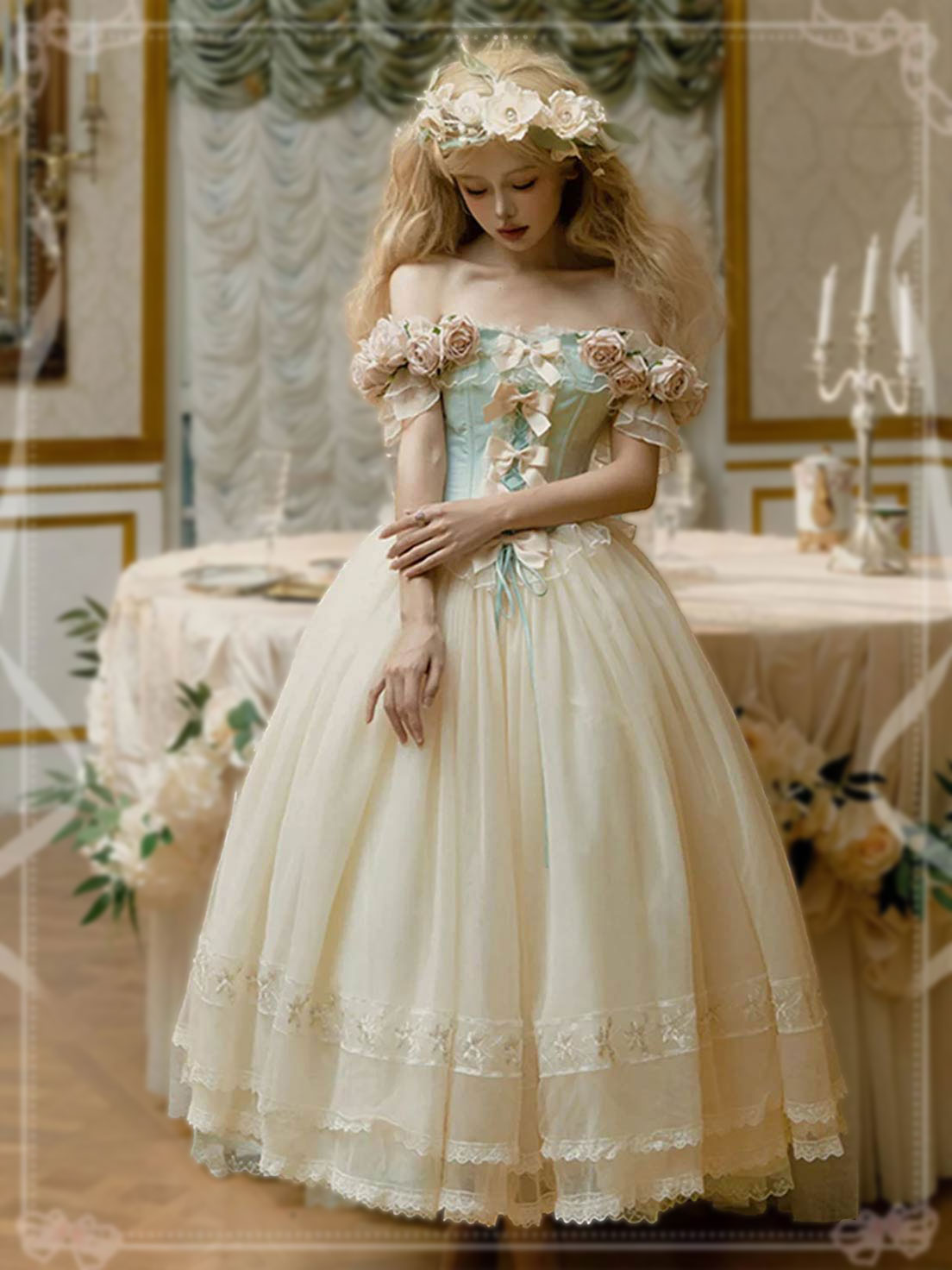 Hime Lolita Tea Party Fashion Off Apricot Shoulder Floral Ball Gown