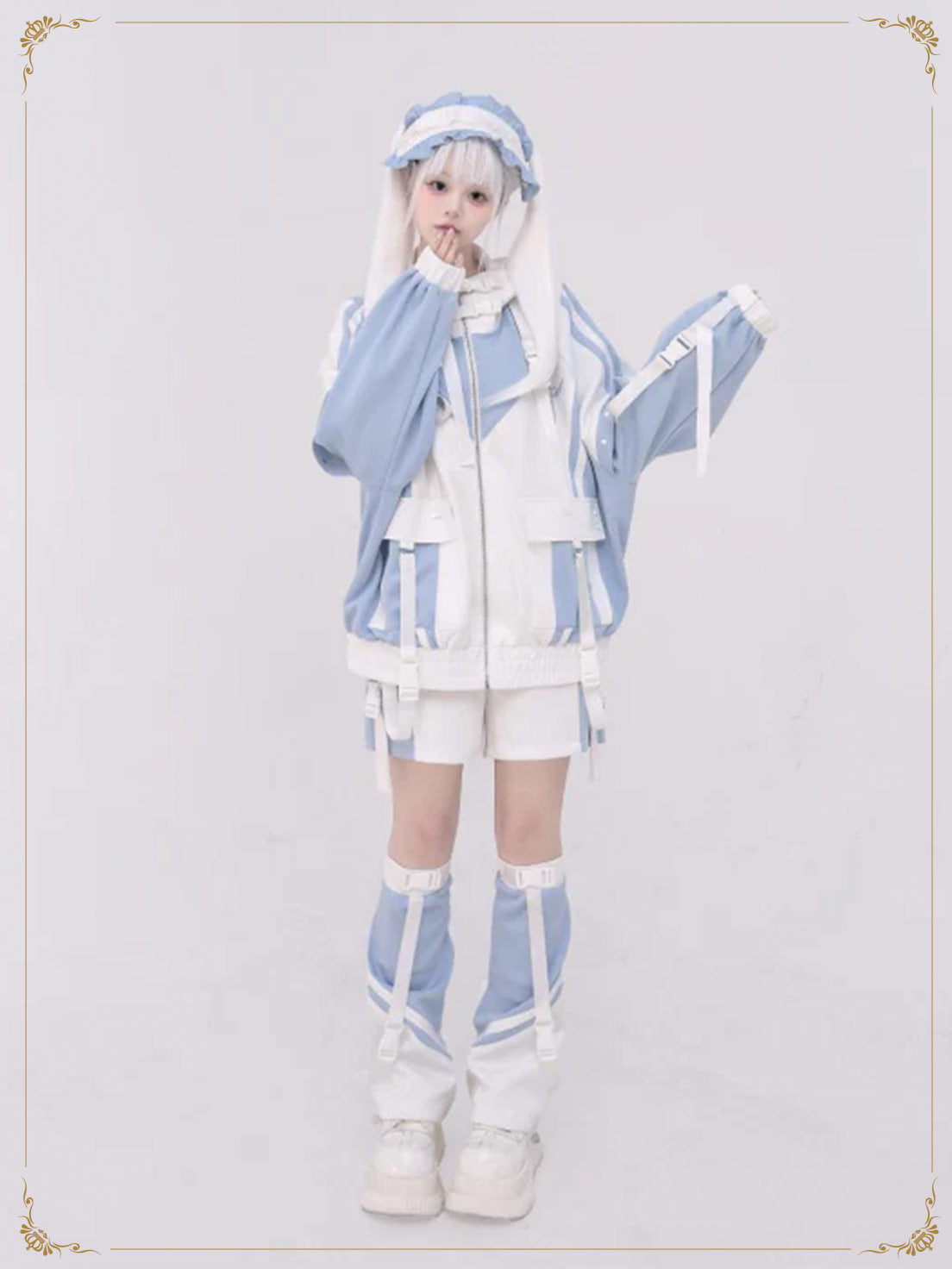 Jirai Kei Fashion Cyberpunk Techwear Set Purple Pink Blue Cat Ear Oversized Streetwear Edgy Outfit