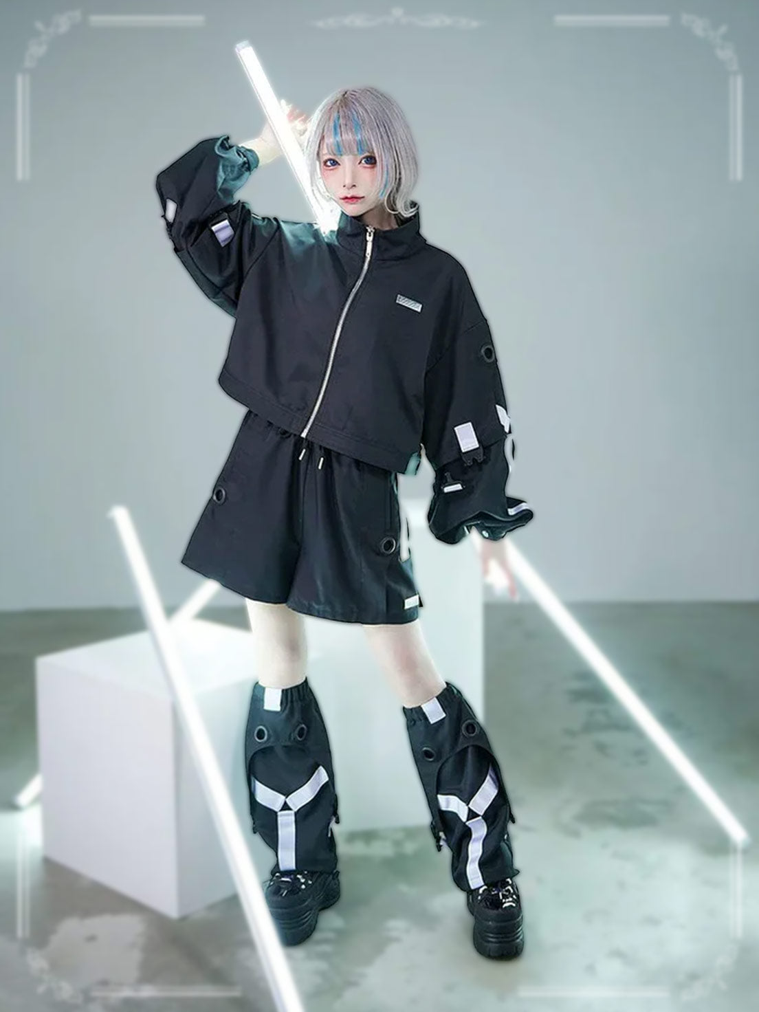 Jirai Kei Fashion Cyberpunk Techwear Set White Black Futuristic Shorts Jacket Oversized Sleeve Harajuku Streetwear Edgy Daily Outfit