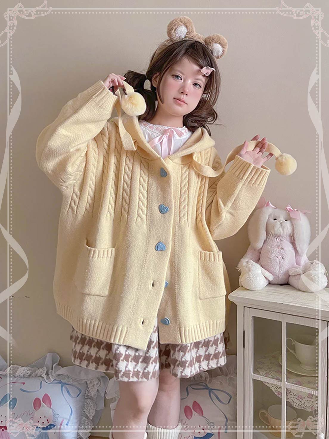 Lolita Coat Multicolor Hooded Knit Cardigan Cute Lazy Style Open Front Sweater