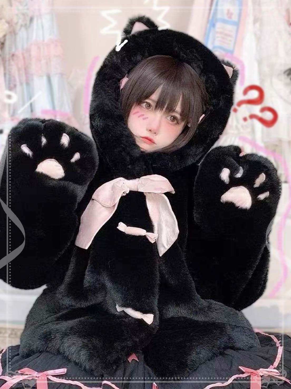 Lolita Coat Overcoat Beige Plush Cat Paw Quilted Soft Cute Autumn Winter Outfit