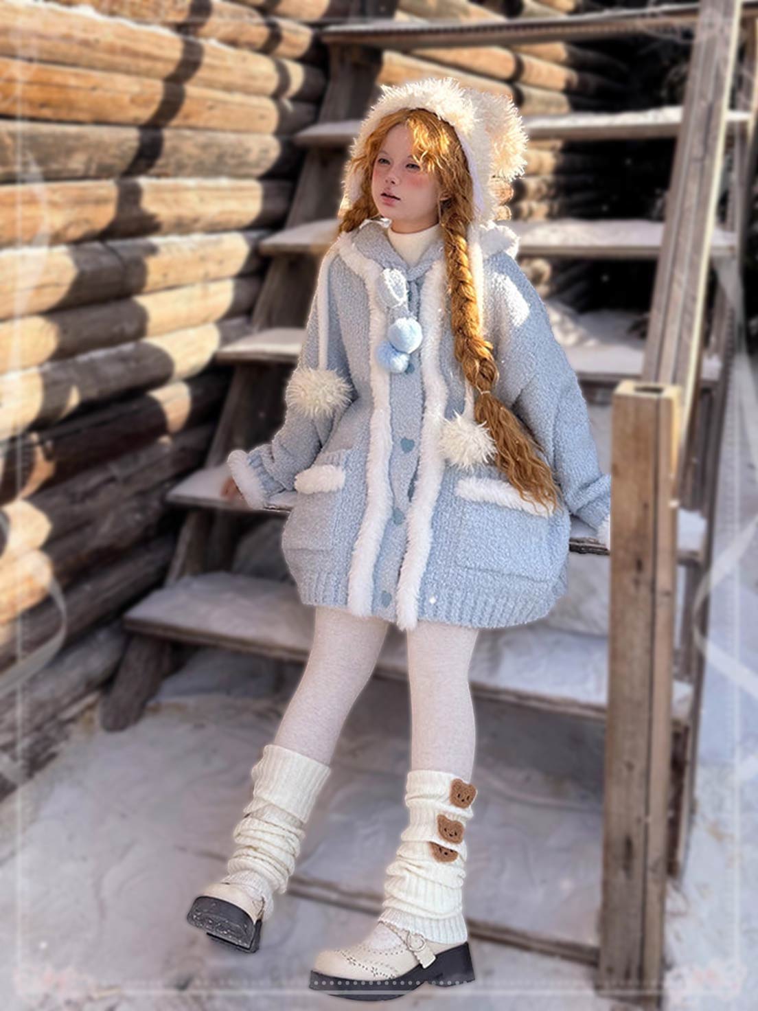 Lolita Coats Labeau Blue White Pom Pom Sweetheart Hooded Cardigan Winter Loose Thick Coat