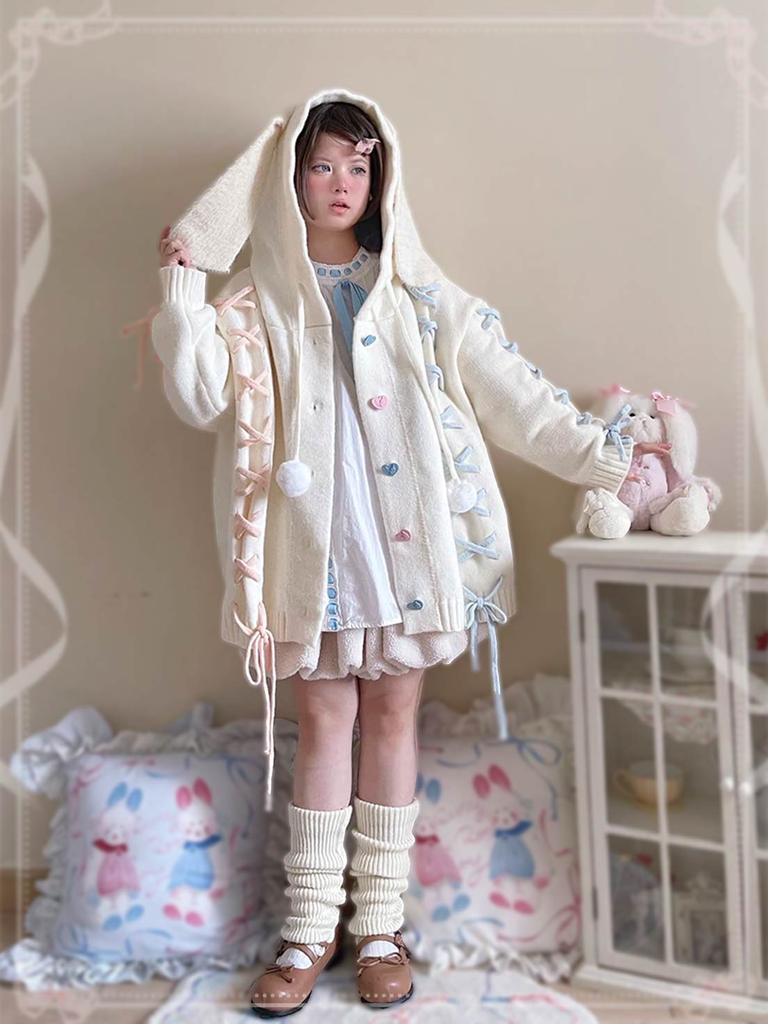 Lolita Coats Labeau White Rabbit Sugar Sweet Tie Up Bunny Ear Hooded Cardigan Autumn Winter Top