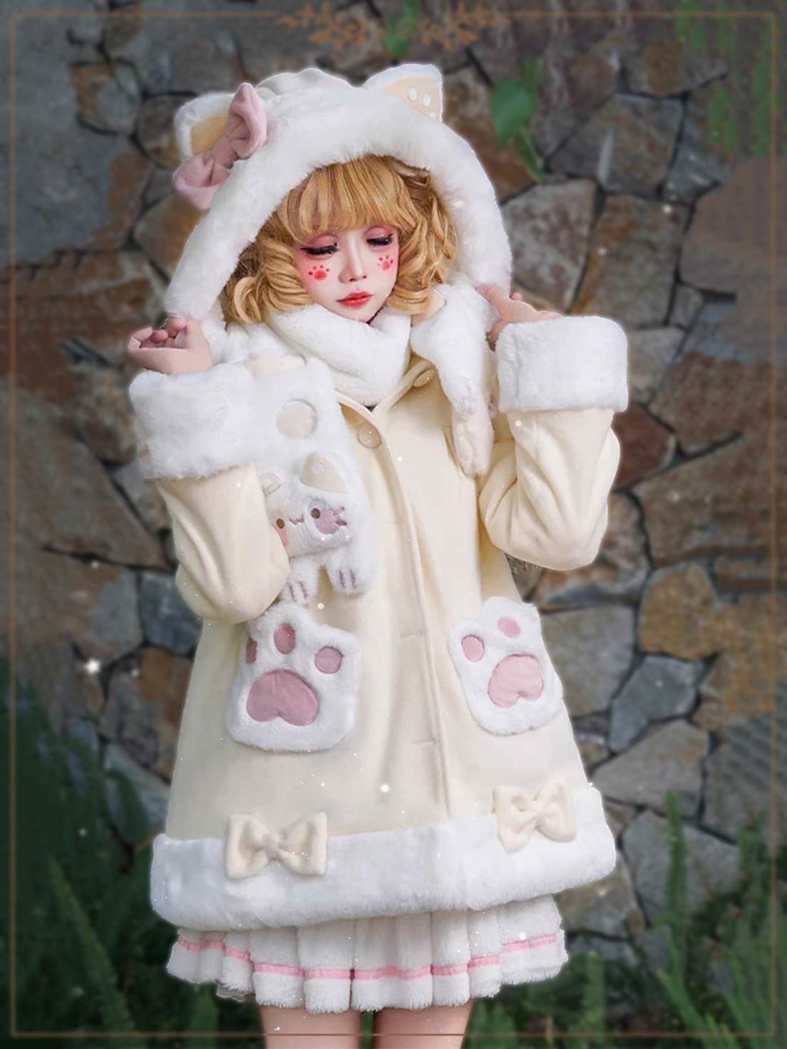 Lolita Coats Print Cat Ear Hooded Long Sleeve Bow Sweet Casual Coat 3 Colors