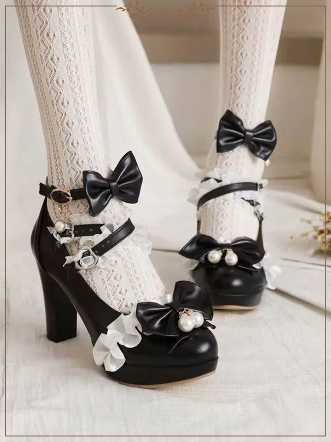 Lolita Shoes Sweet Princess Lace Bow Accent Heels in 4 Colors