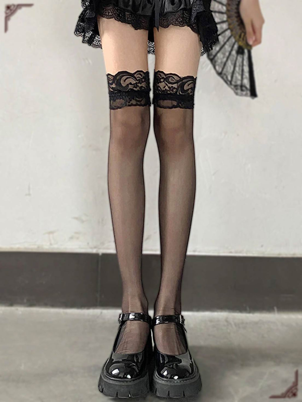 Lolita Stockings Black Gothic Over The Knee Socks Wide Cuff Lace Fishnet