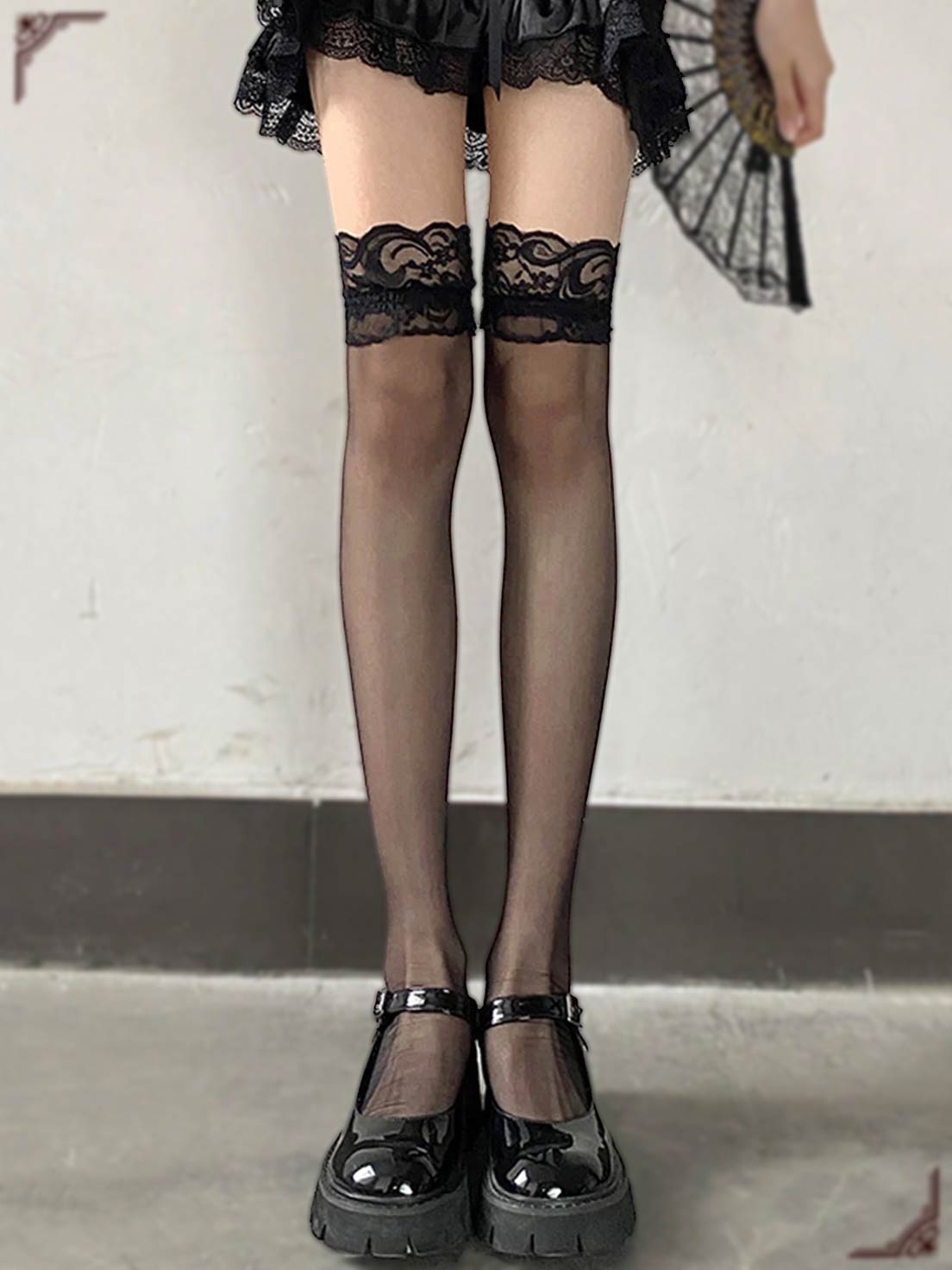 Lolita Stockings Black Gothic Over The Knee Socks Wide Cuff Lace Fishnet