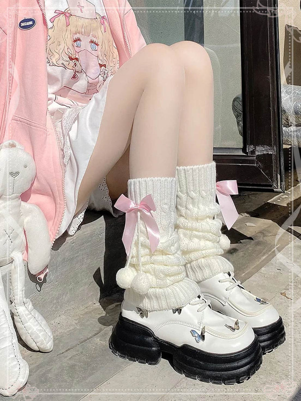 Lolita Stockings White Japanese Leg Thickened Pink Bow Stacked Socks Accessories