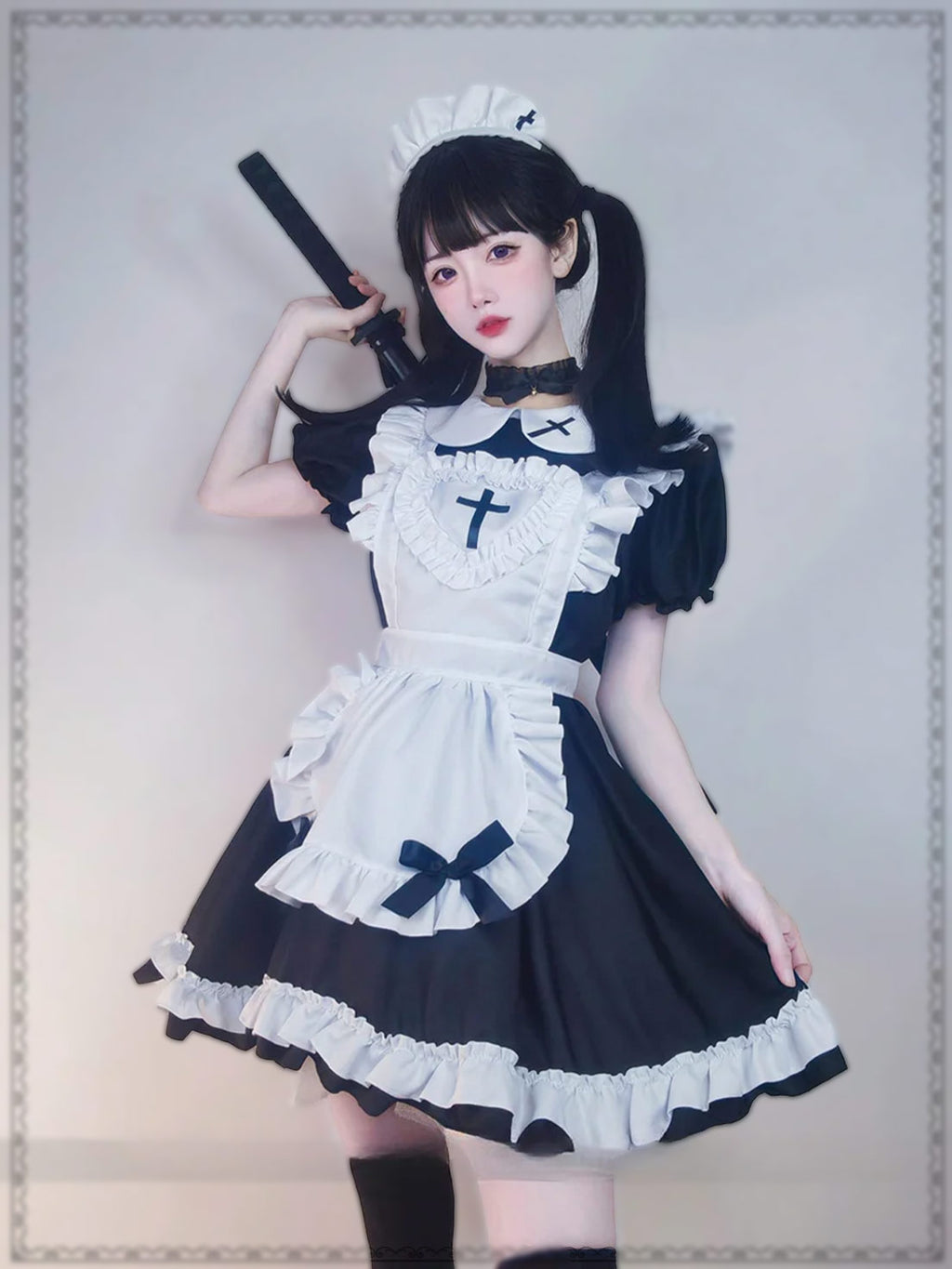 Maid Outfit Black White Ruffled Apron Cross Detail