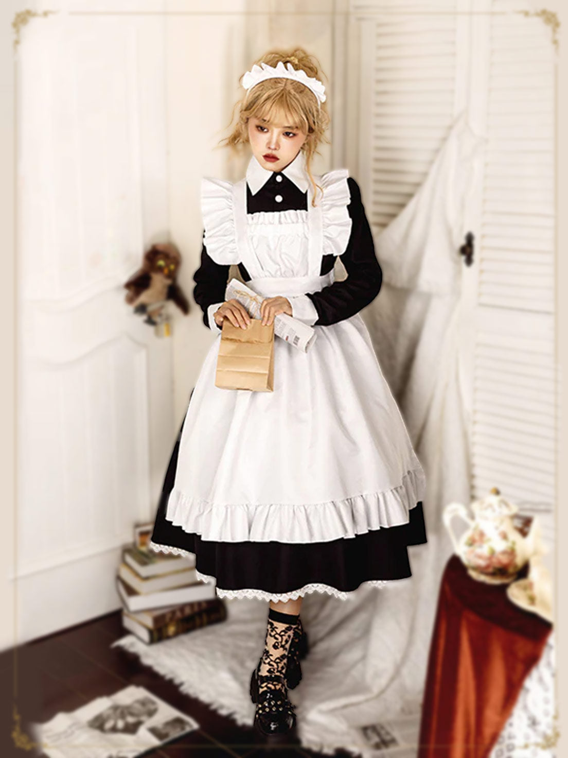 Maid Outfit Plus Size 3XL Black White Long Ruffled Apron Dress