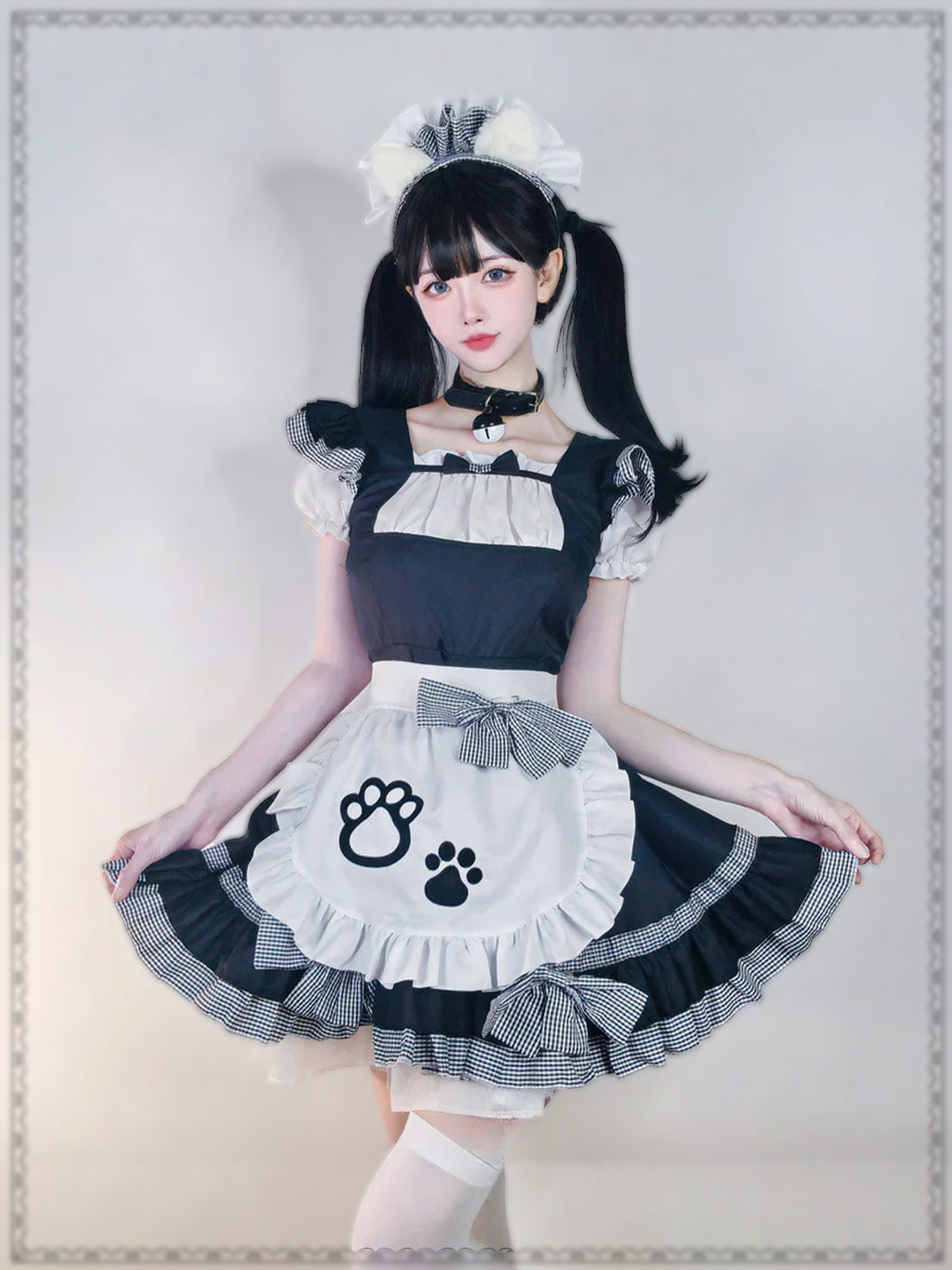 Maid Outfit Plus Size 5XL Black White Checkered Cat Paw Ruffles