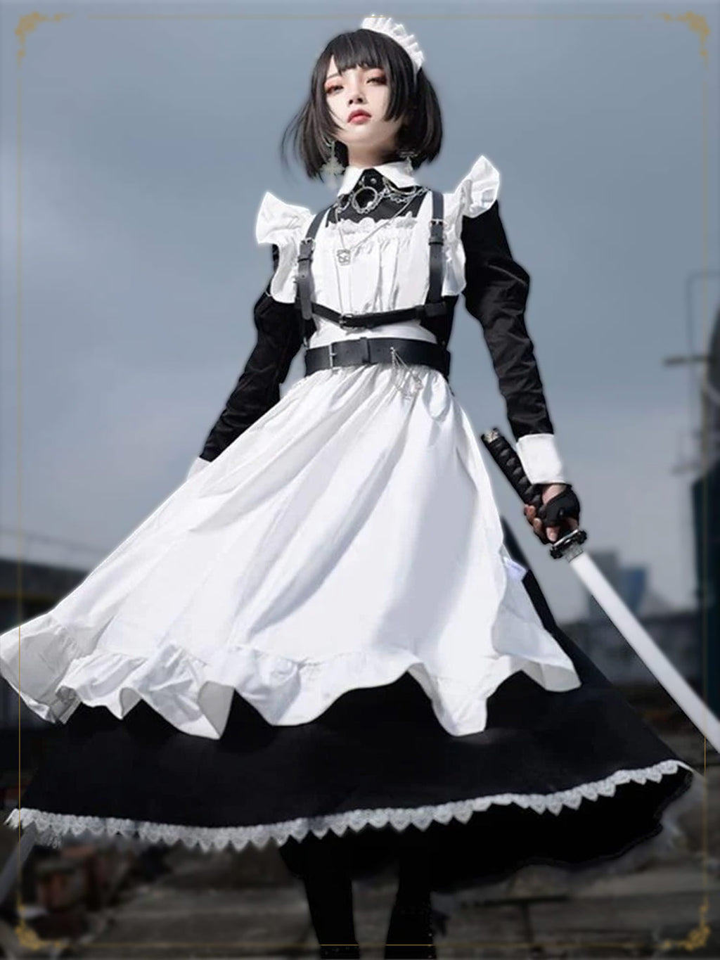 Maid Outfit Plus Size 5XL Black White Frilled Apron Sword Accent