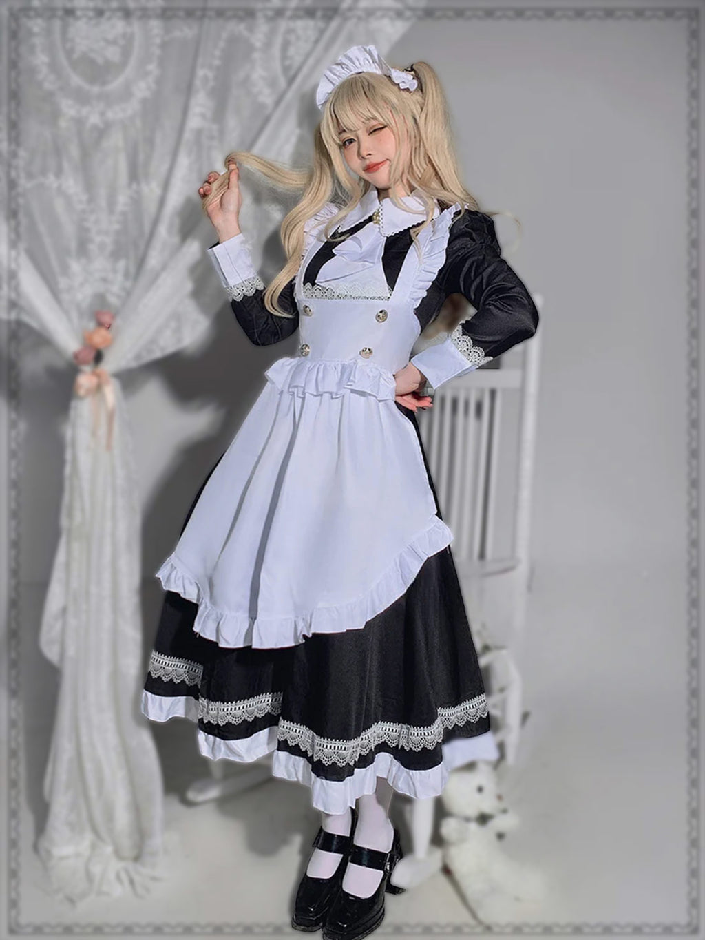 Maid Outfit Plus Size 5XL Black White Long Ruffled Apron Lace