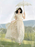 Mori Kei Fashion Apricot Greek Goddess Ivory Ball Gown Elegant Maxi Jumper Skirt Dress