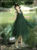 Mori Kei Fashion Lolita Dress Forest Fairy Dark Green Elegant Yarn Suspender Elf JSK