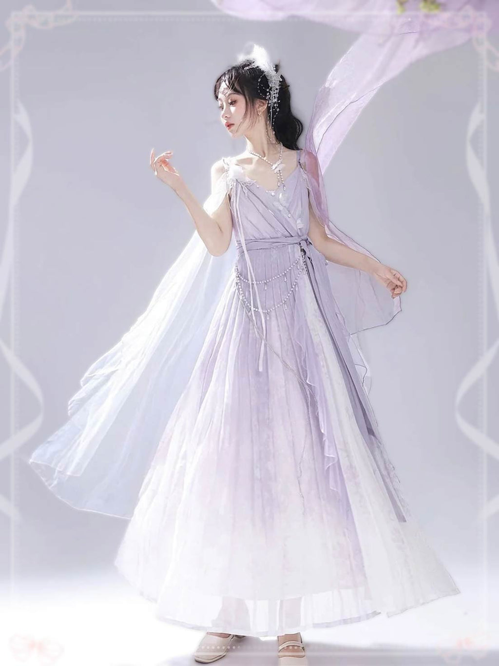 Mori Kei Fashion Prom Dress Dreamy Light Purple Lolita JSK Dress Lace Flowy Side Slit