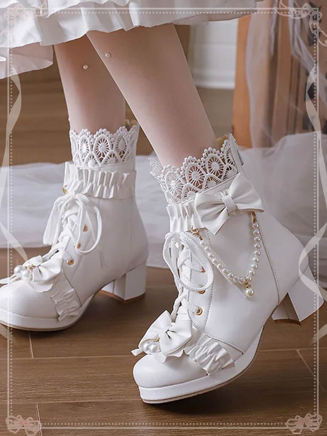 Lolita Shoes Sweet Bow Pink Bow Lace Short Boots with Thick Heels Lolita Martin Boots