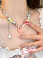 Pink Love Double Necklace Sweet Cool Sweater Chain Beaded Dog Cube Sugar