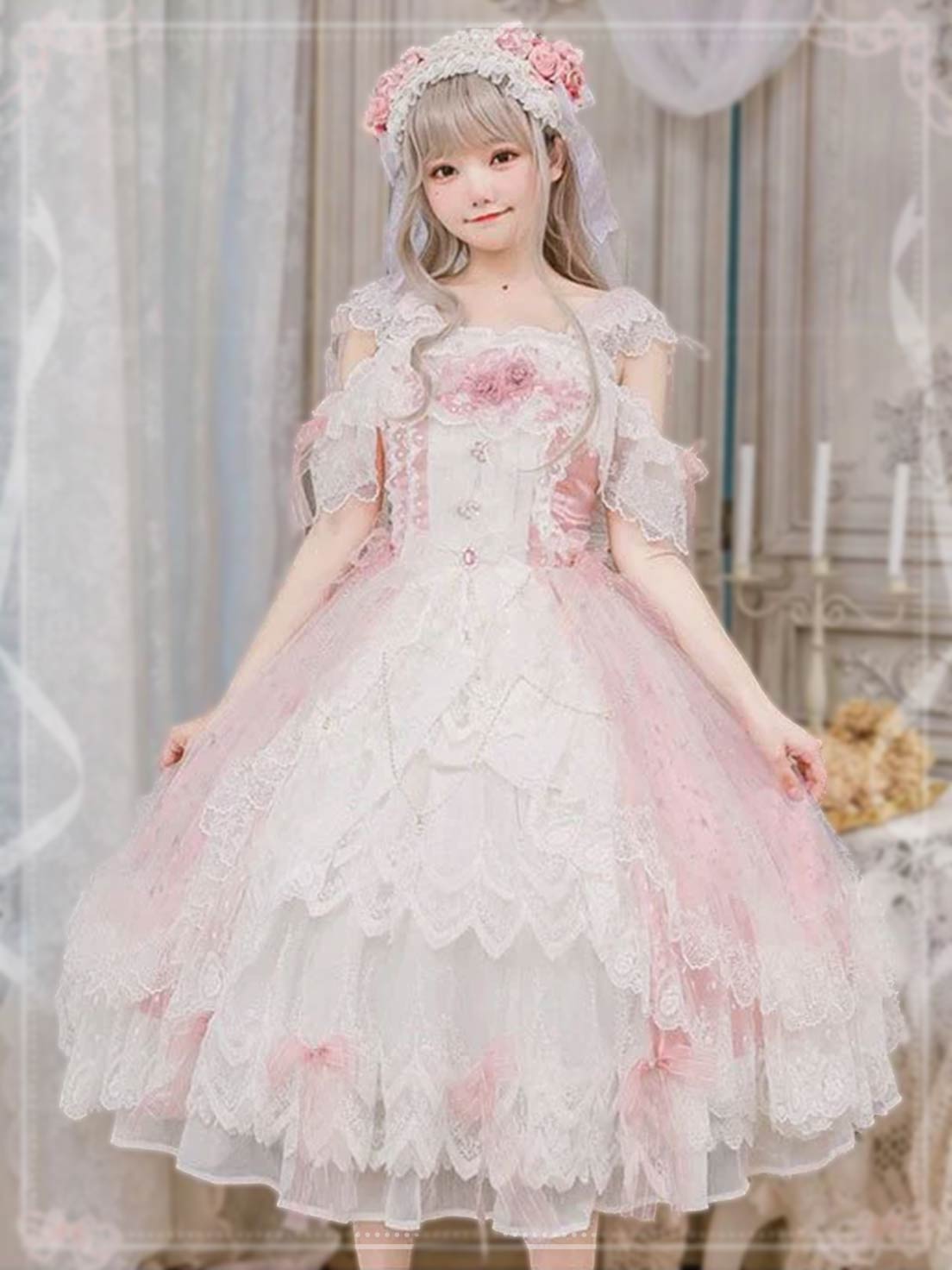Pink Rose Lace Floral Marriage Lolita Multi Layer Dress Princess JSK