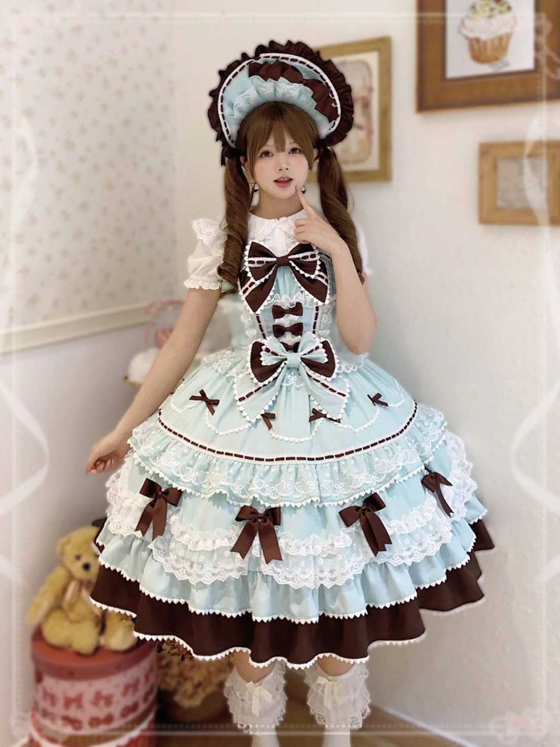 Sweet Hime Lolita Tea Party Fashion Cake Dress Mint Chocolate Bow Layer Lace Trimmed Lolita Dress 