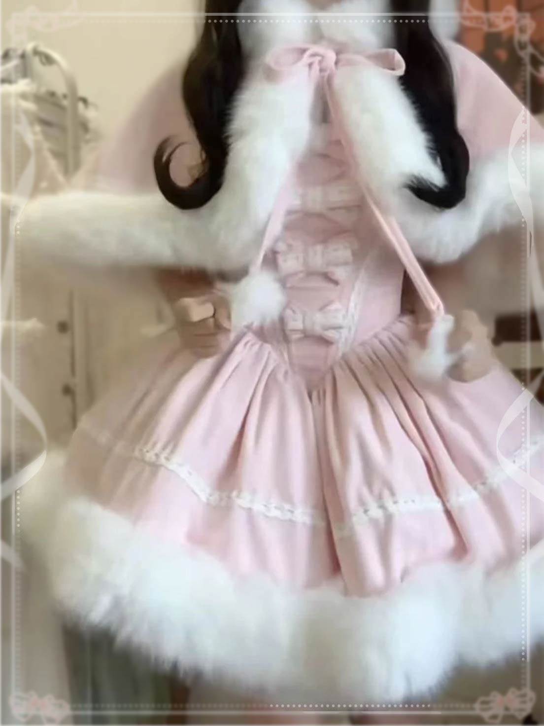 Sweet Lolita Baby Pink Plush Princess Dress Burr Cape Dress Coat