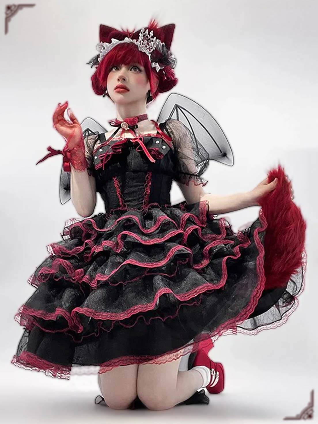 Sweet Lolita Black Red Short Sleeve Layered Ruffle Bridal Bow Lace Plus Size Dress Short Style