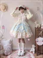 Sweet Lolita Blue Pink Sleeveless Layer Ruffle Bow Lace Cute OPDress Short Version
