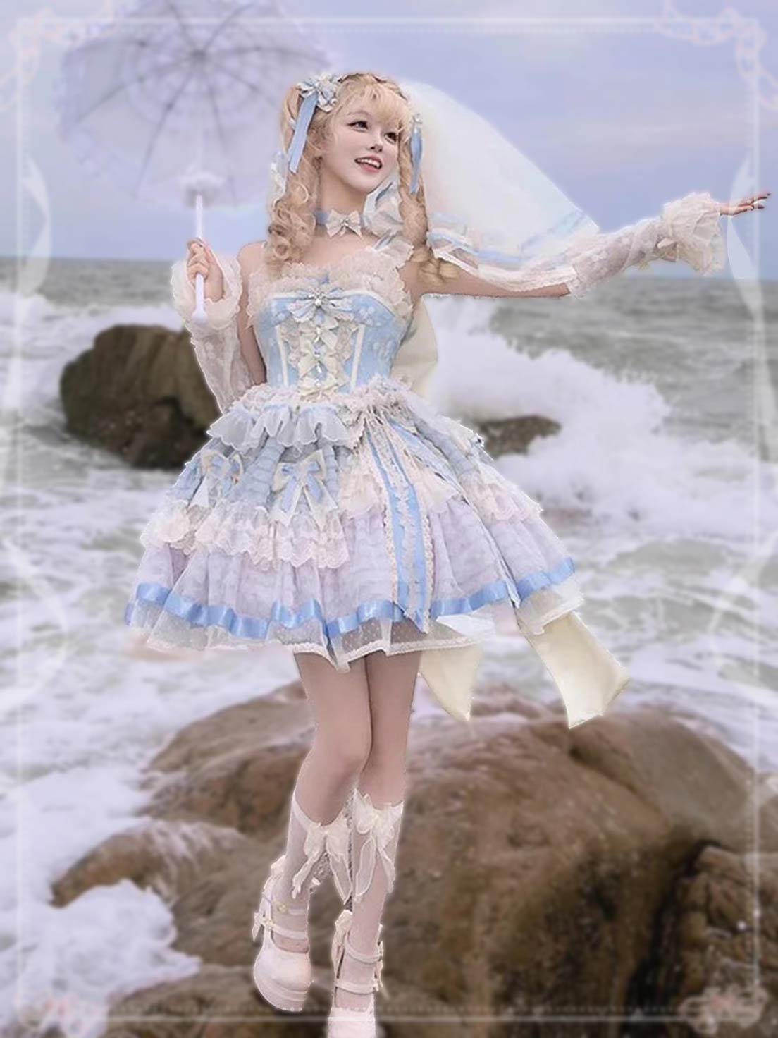 Sweet Lolita Blue Sleeveless Ruffle Embroider Bow Lace Corset Princess Dress