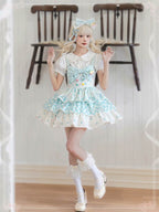 Sweet Lolita Blue Sleeveless Three Layer Printed Bow Cute JSK Dress