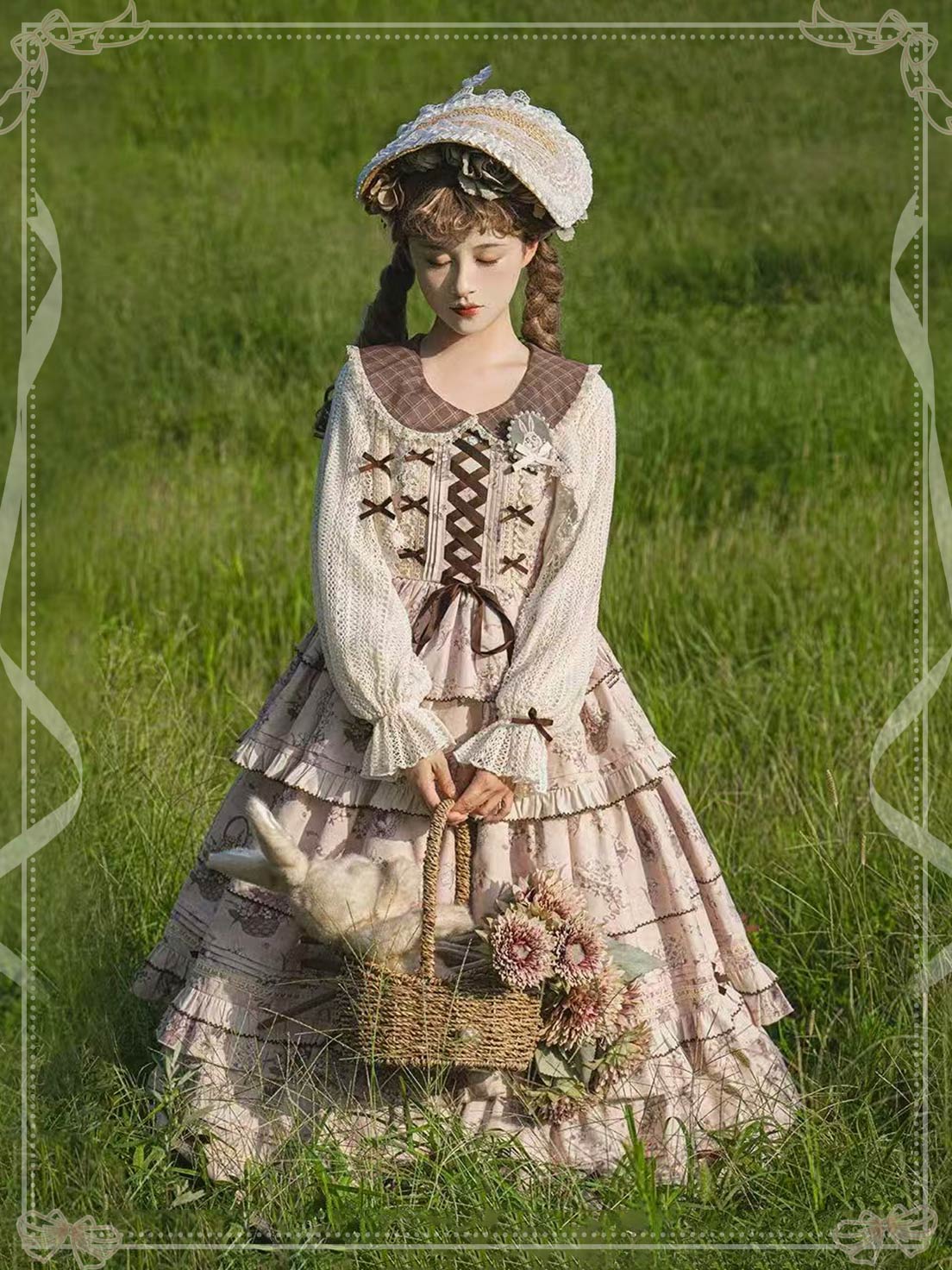 Sweet Lolita Brown Elegant Daily Lace Bow Princess JSK Dress Set