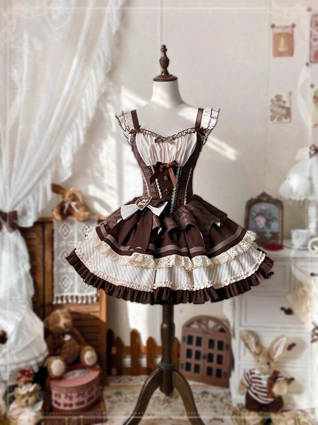 Sweet Lolita Chocolate Cake Cream Dress with Corset Brown Waist Skinny Bow