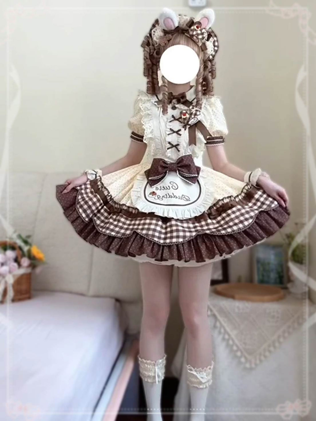 Sweet Lolita Chocolate Cream Cake Dress Strawberry Print Bear Brown Ballet Fluffy